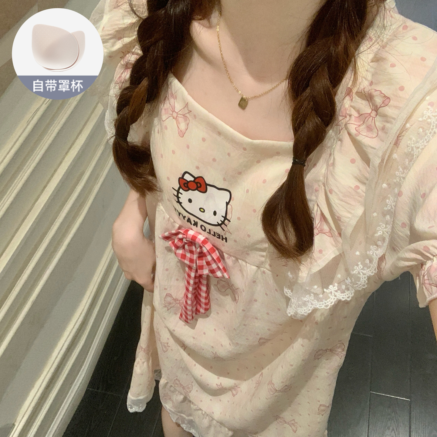 波点蝴蝶结公主风睡衣女款夏季带胸垫可爱KT猫咪蕾丝花边短袖睡裙