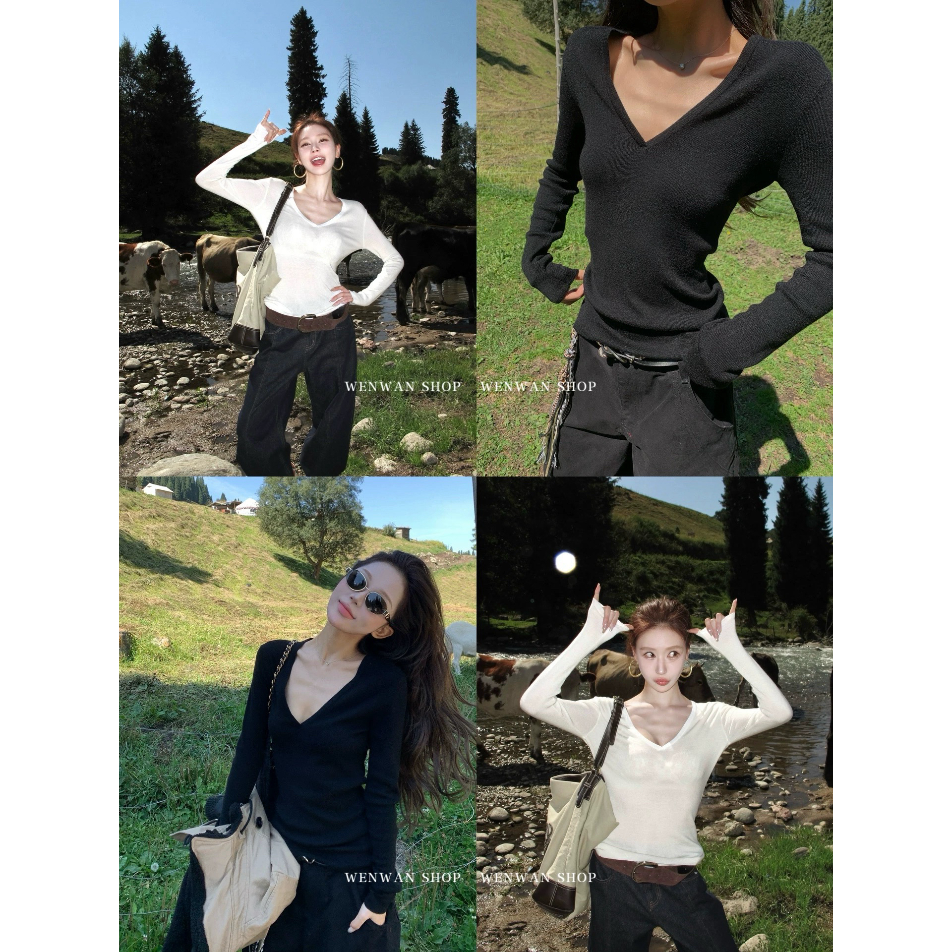 【2色糯糯打底】2色！高级感V领长袖早秋新款修身气质内搭针织衫