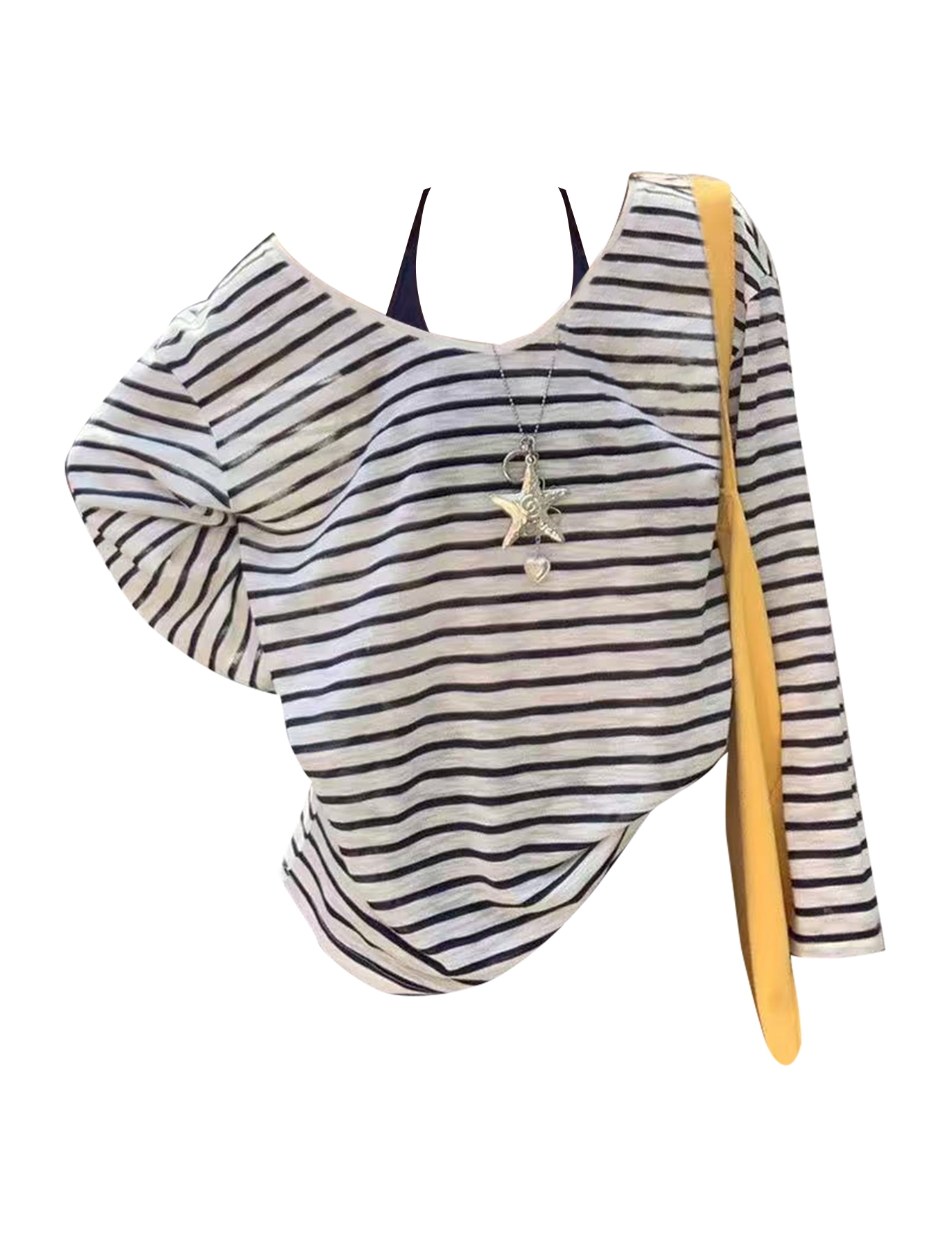 胖MM复古蓝白针织条纹圆领长袖辣妹风慵懒风防晒罩衫吊带套装