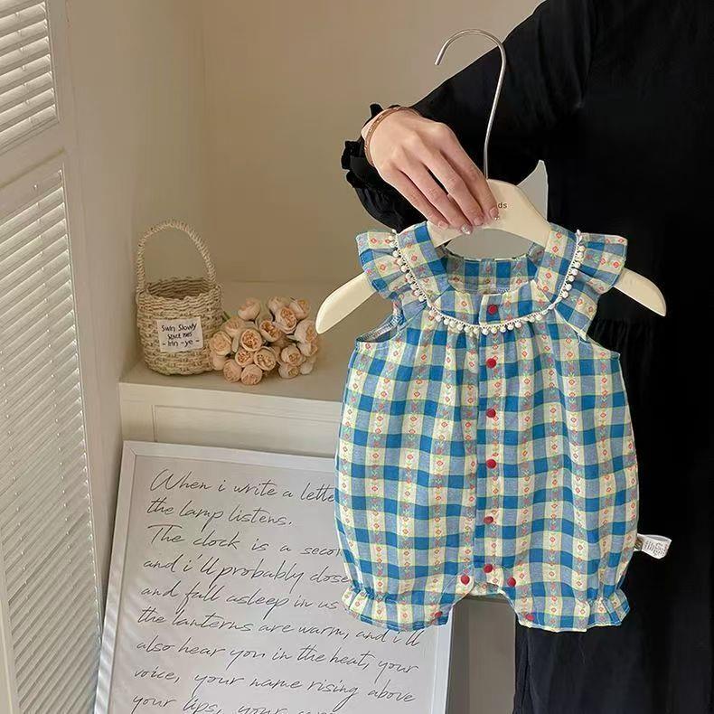 范哲萨夏季婴儿衣服前开女宝宝哈衣格子飞边袖新生儿连体衣薄款女