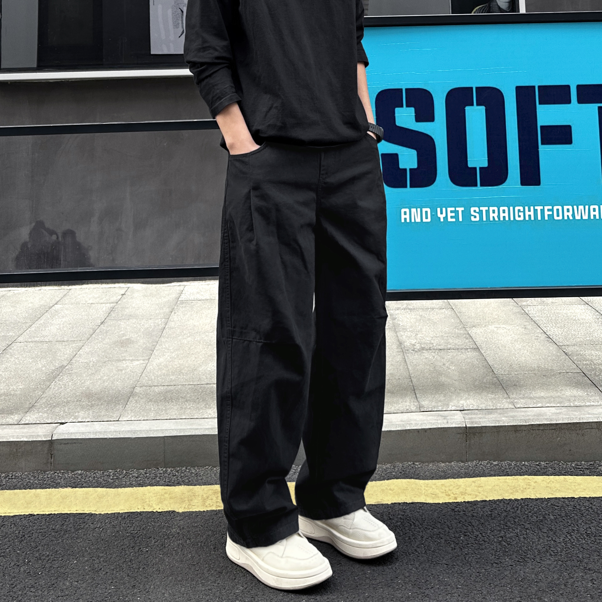 QUALCOMM2025新款黑色百搭阔腿裤子男秋冬季休闲慵懒加绒直筒长裤