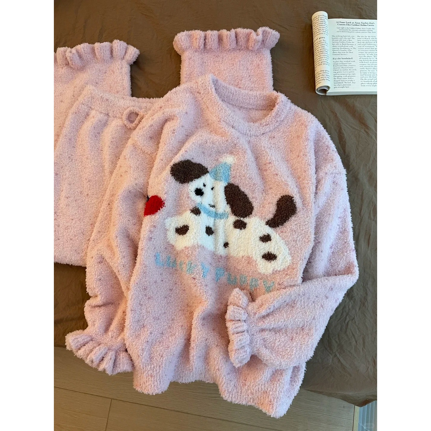 可爱软糯小狗针织少女粉半边绒柔软舒适睡衣女冬季新款家居服套装