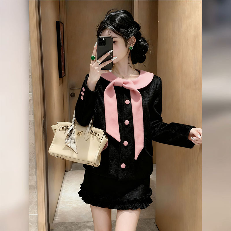 富家千金小洋装气质巨好看小香风黑色外套a字短裙两件套女秋冬季