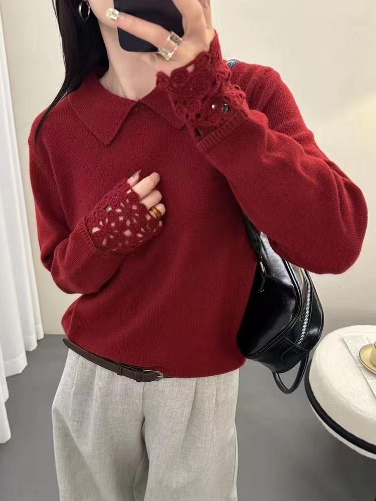 针织毛针织衫秋冬女式燕麦色毛衣网红娃娃领红色套头