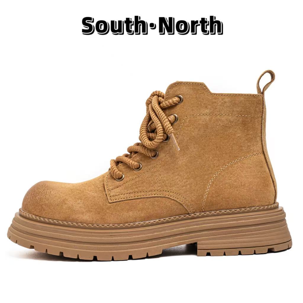 South·North防滑圆头靴子复古马丁靴棕色增高复古港风厚底透气