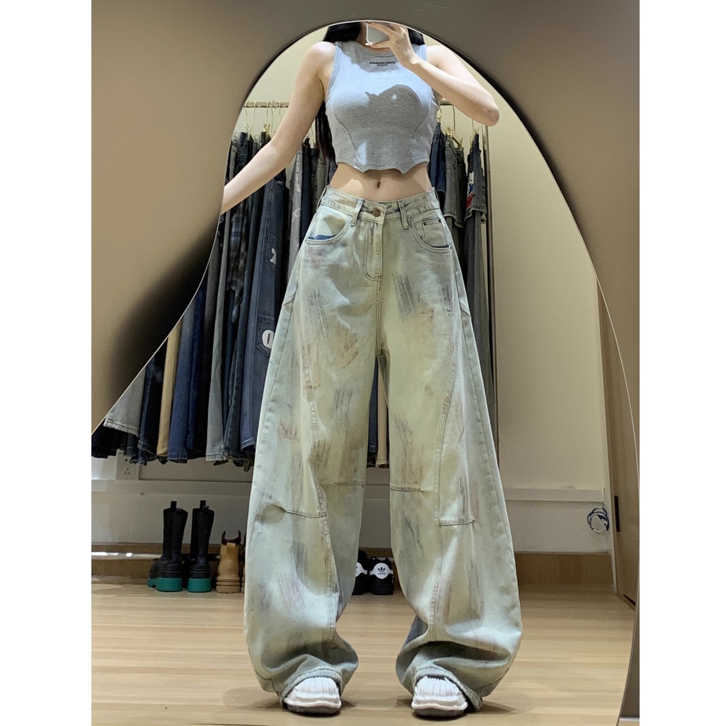 【送挂绳】高街脏染做旧解构弯刀牛仔裤女秋季新款废土风宽松阔腿裤