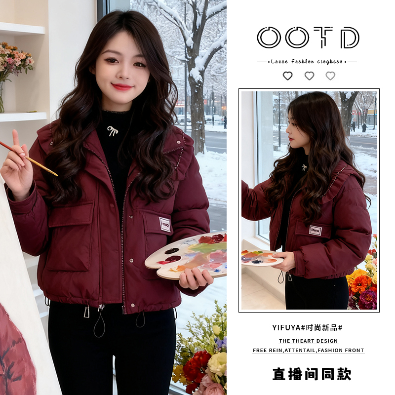 极简风加绒加厚棉服女2025冬季新款小个子韩版减龄拼接面包服棉衣