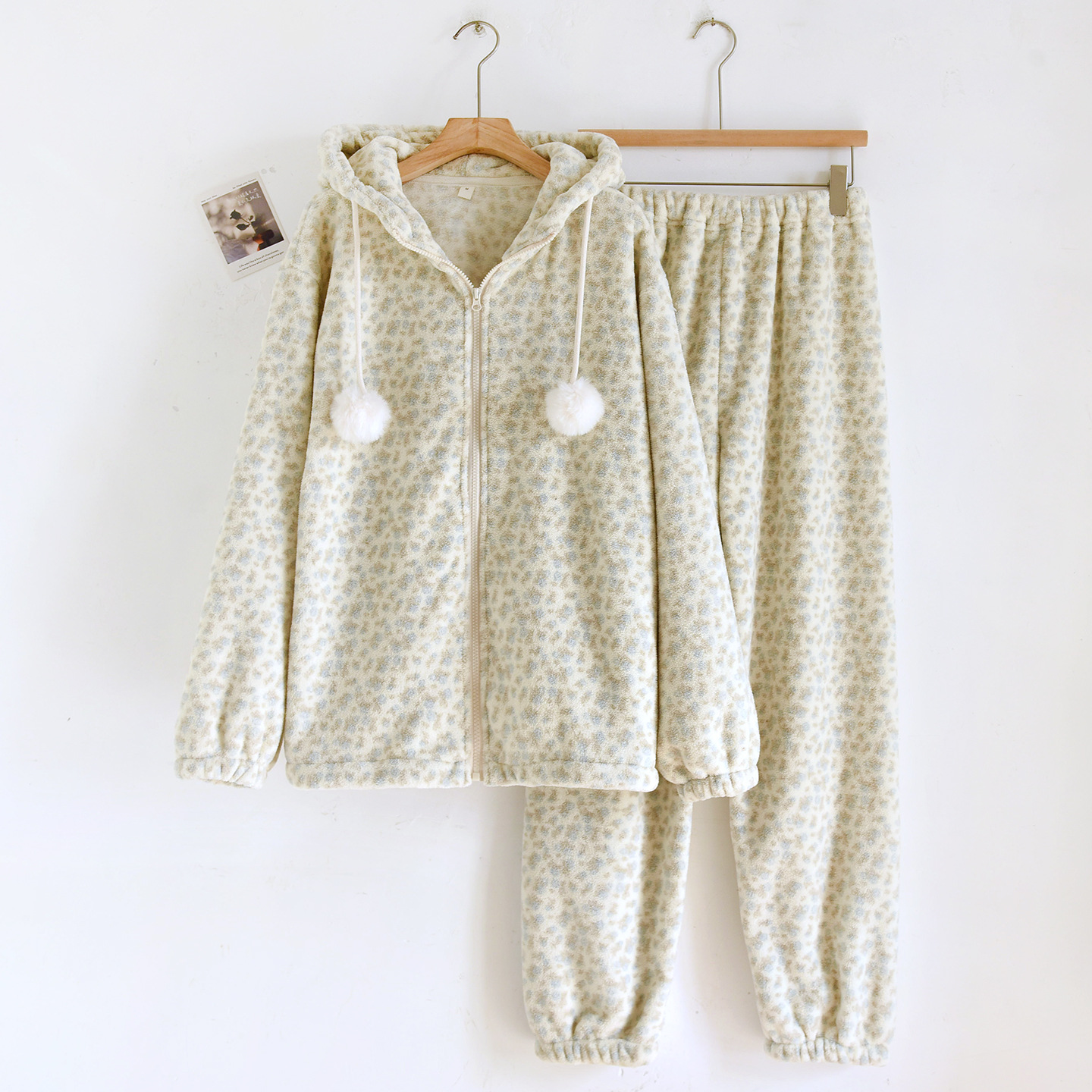 连帽厚款保暖珊瑚绒睡衣女款秋冬季韩版碎花长袖家居服洋气可外穿