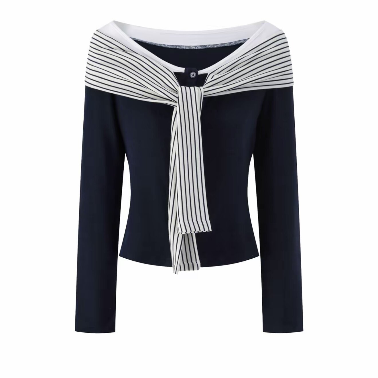 微胖mm藏蓝色拼接条纹绑带长袖t恤新款时尚修身上衣