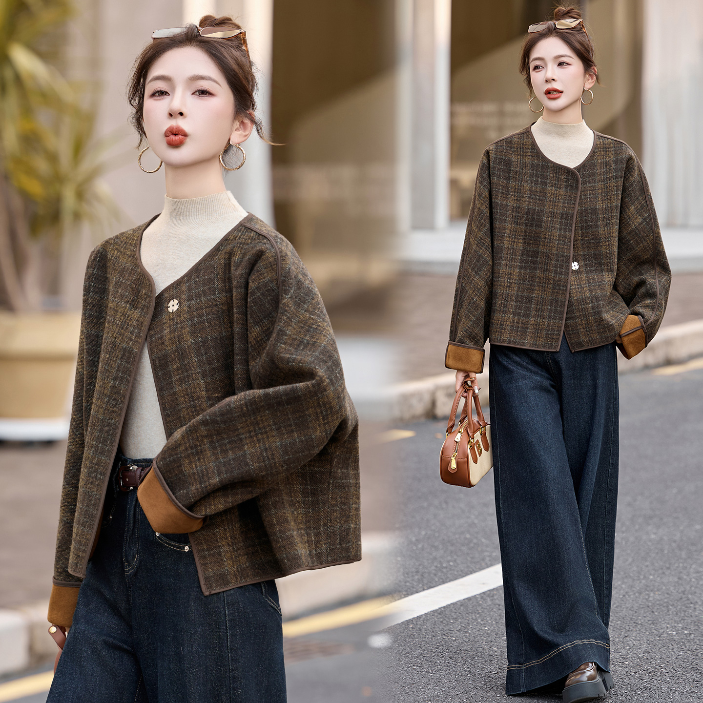 百搭2025年冬季新款时尚格子撞色宽松毛呢外套