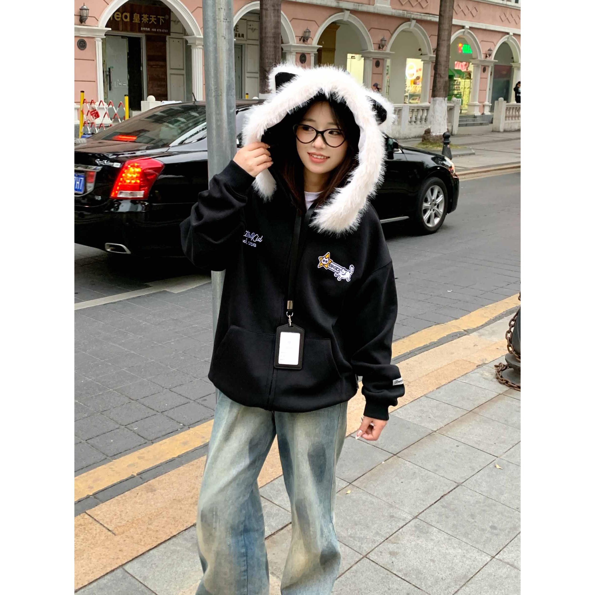 文文不乖美式毛绒猫耳连帽卫衣男女国潮宽松重磅拉炼开衫情侣外套