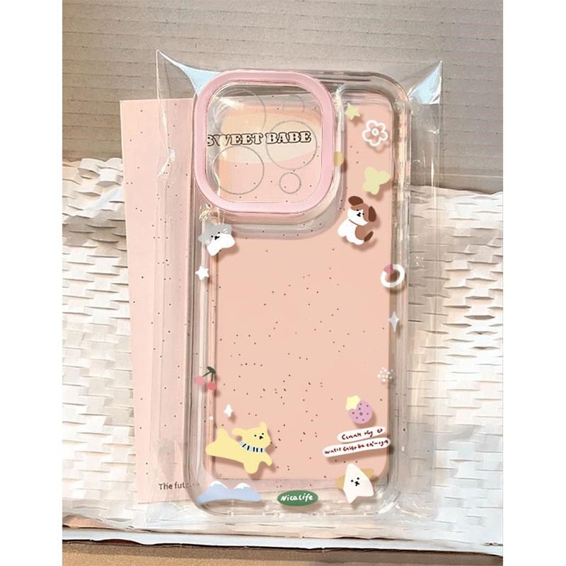 粉框花花小狗适用iPhone16苹果13手机壳15promax透明14可爱12卡通