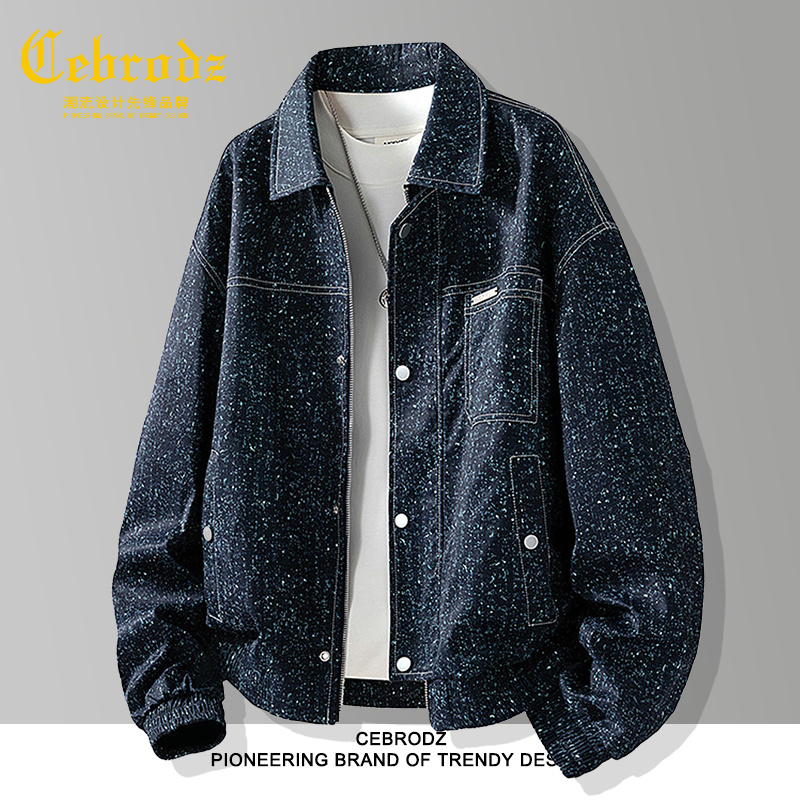 法国Cebrodz工装夹克男春秋季休闲翻领男明线外套加大码男装宽松