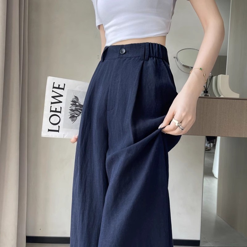 藏青色天丝亚麻阔腿裤女夏季薄款高腰宽松显瘦冰丝垂感棉麻西装裤