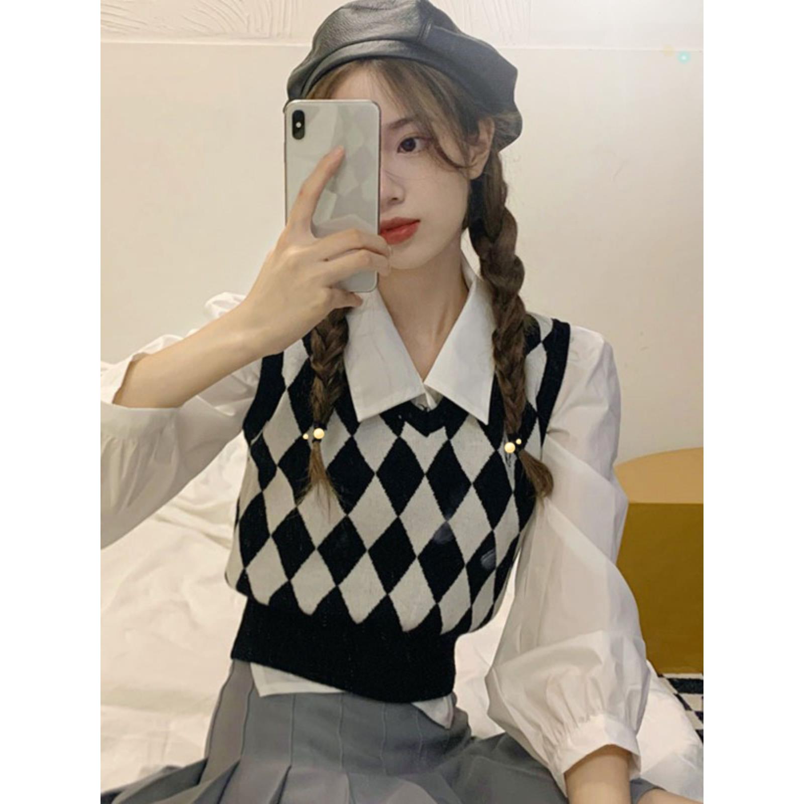 学院风白色衬衫女春秋季小个子收腰短款衬衣叠穿菱格马甲针织背心
