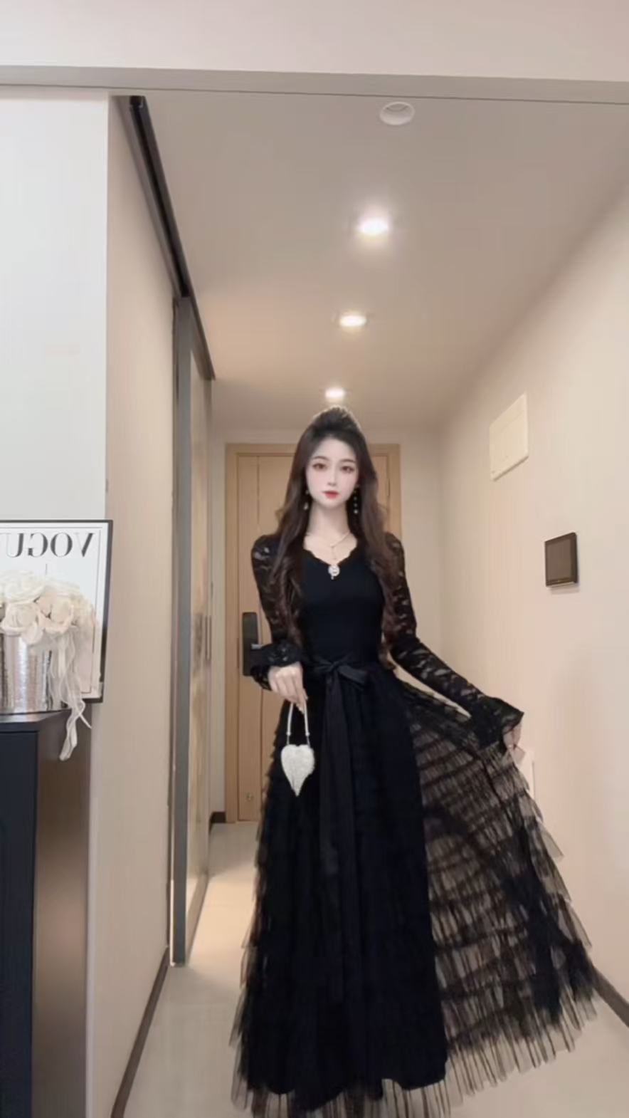 落羽繁花 复古法式重工蕾丝蓬松蛋糕裙摆连衣裙（加绒）