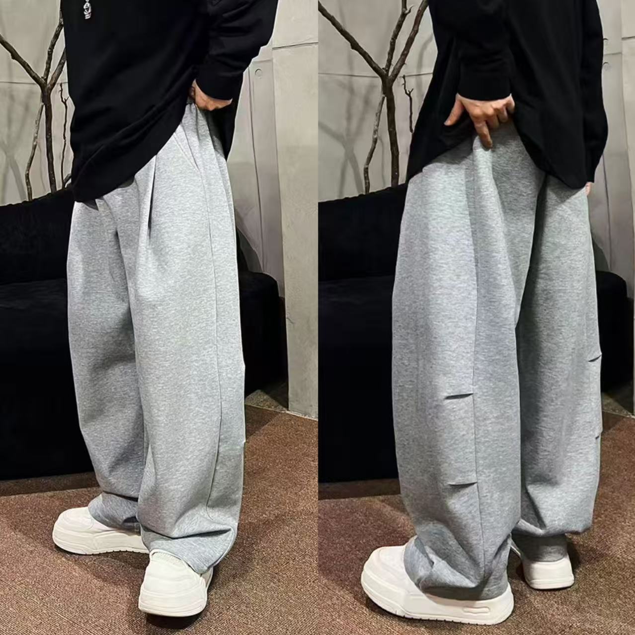 2025新款秋季百搭重磅高街慵懒感廓形捏褶休闲长裤宽松卫裤 F1609