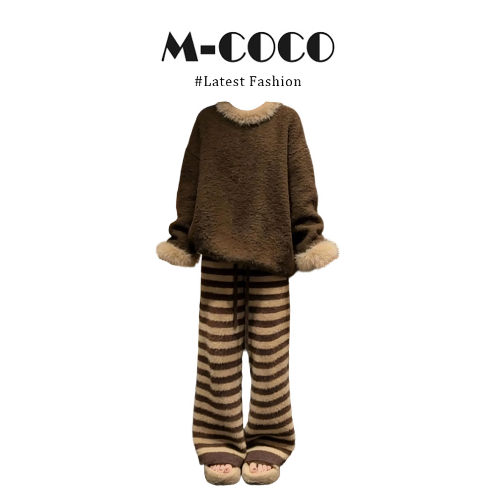 韩系新款少女风拼接针织毛衣女毛绒绒保暖外传条纹显瘦休闲裤套装