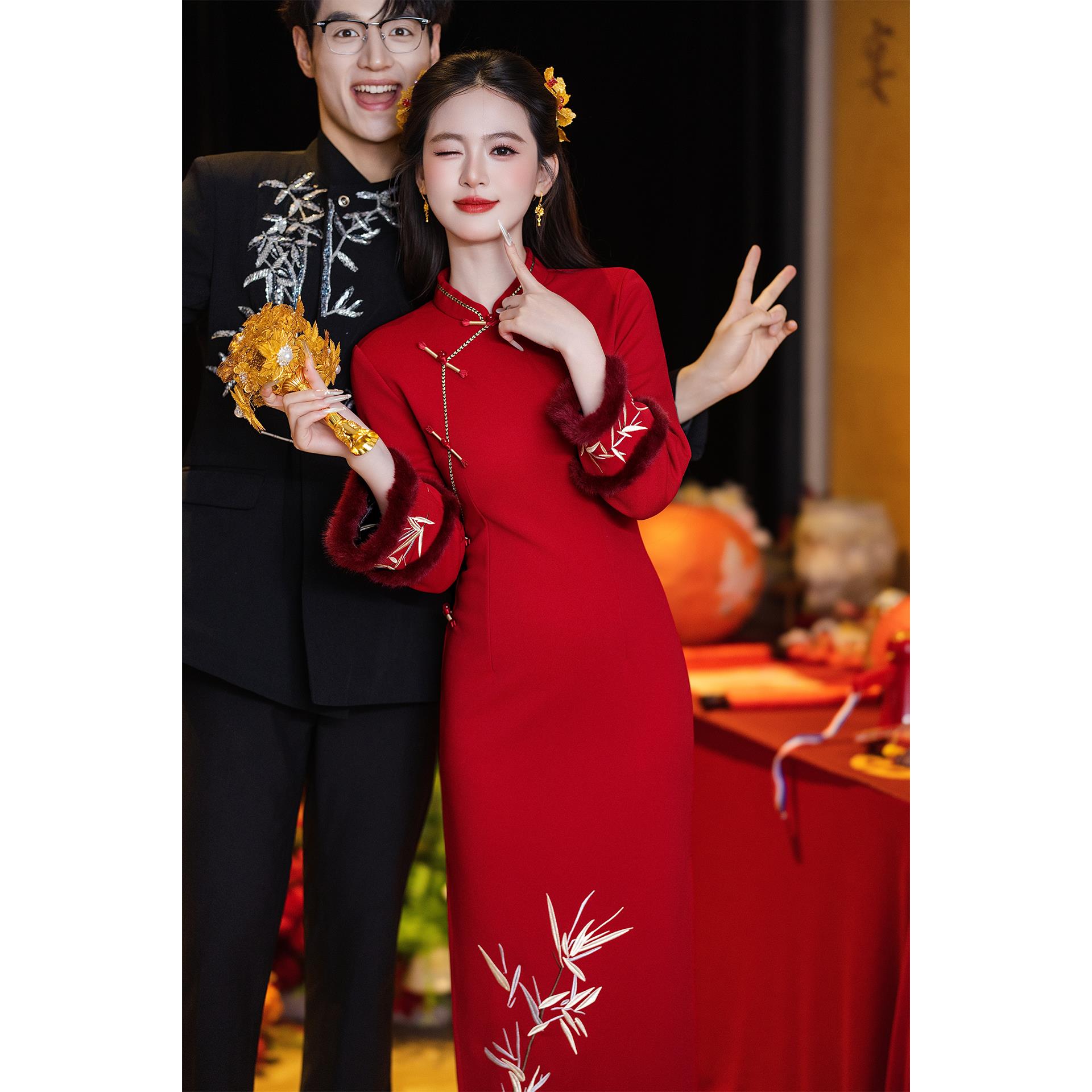 红色旗袍新中式冬装加绒订婚礼服敬酒服新娘结婚回门便装冬季婚服