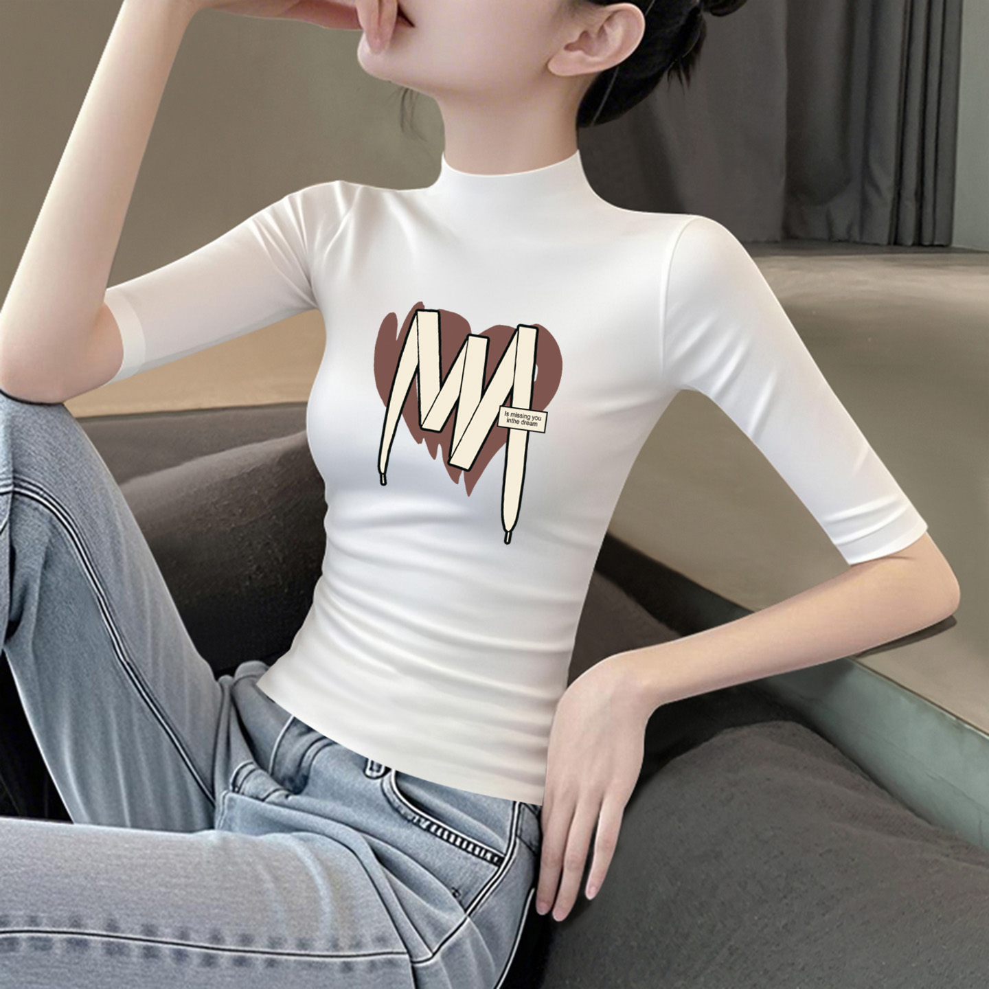莫代尔半高领中袖t恤女春夏秋季辣妹印花别致修身显瘦五分袖上衣