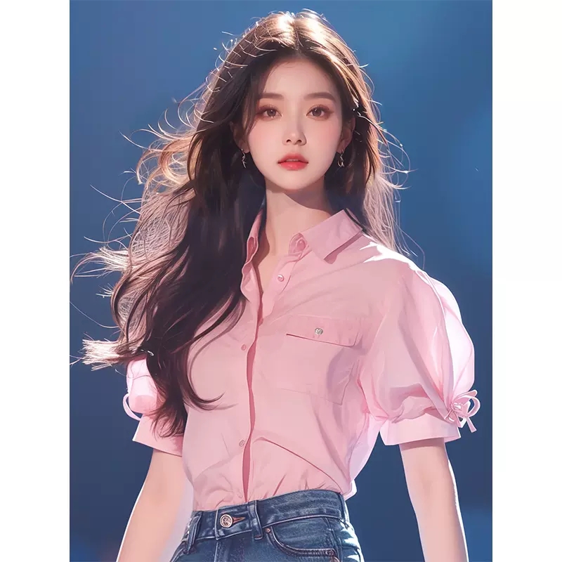 今年流行漂亮上衣风情万种别致绝美粉色泡泡袖衬衫女夏季2024新款