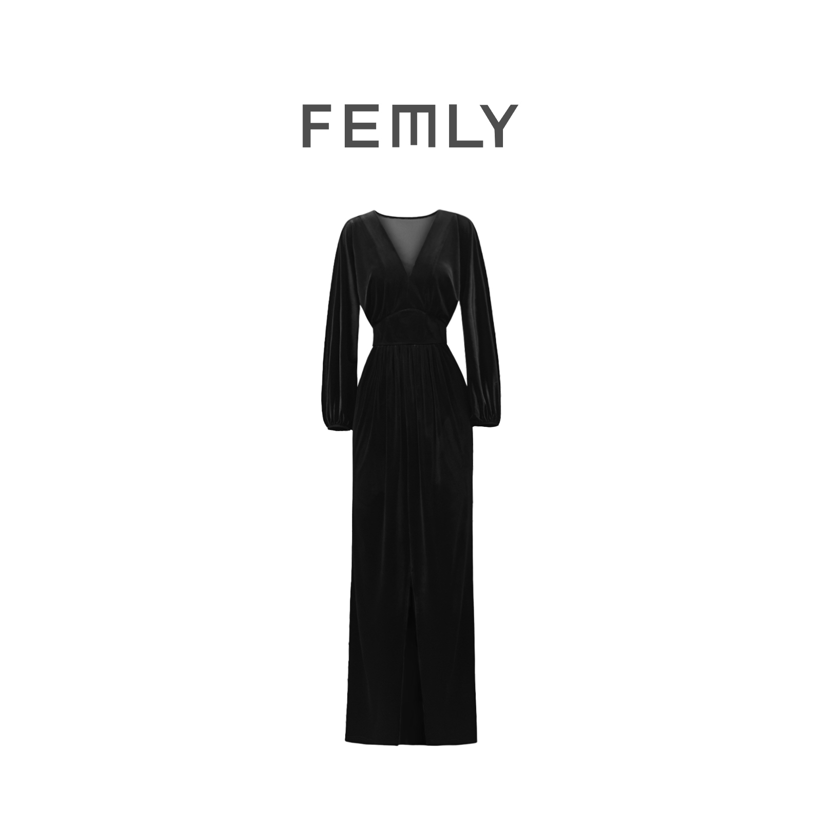 FEMLY/法曼丽 秋季新款赫本简约时尚V领丝绒连衣裙3689