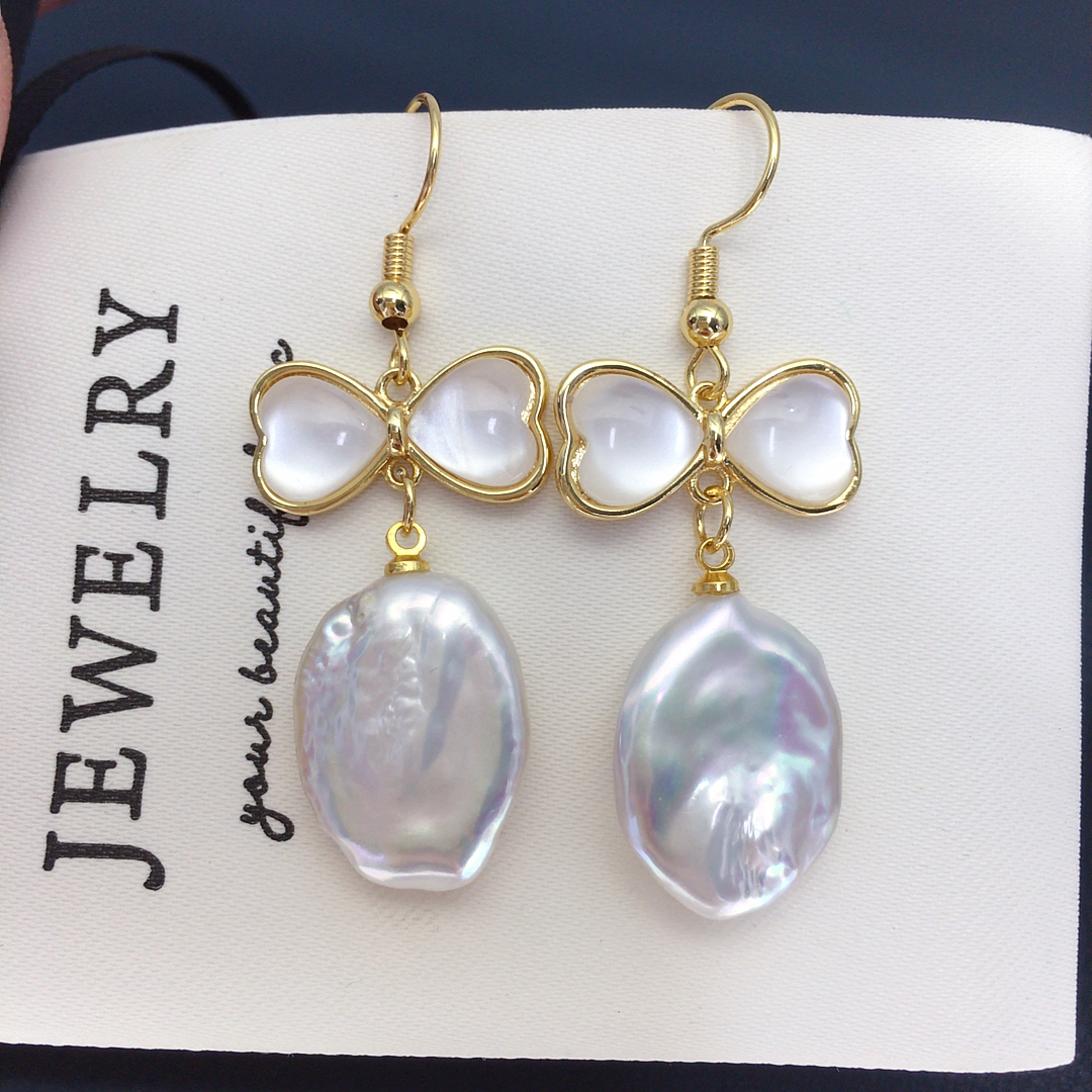 天然巴洛克珍珠海贝蝴蝶结淡水珍珠耳钩女珍珠耳环时尚个性耳饰