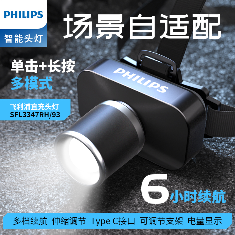Philips/飞利浦户外强光充电头灯变焦超长续航适用于户外夜钓3347
