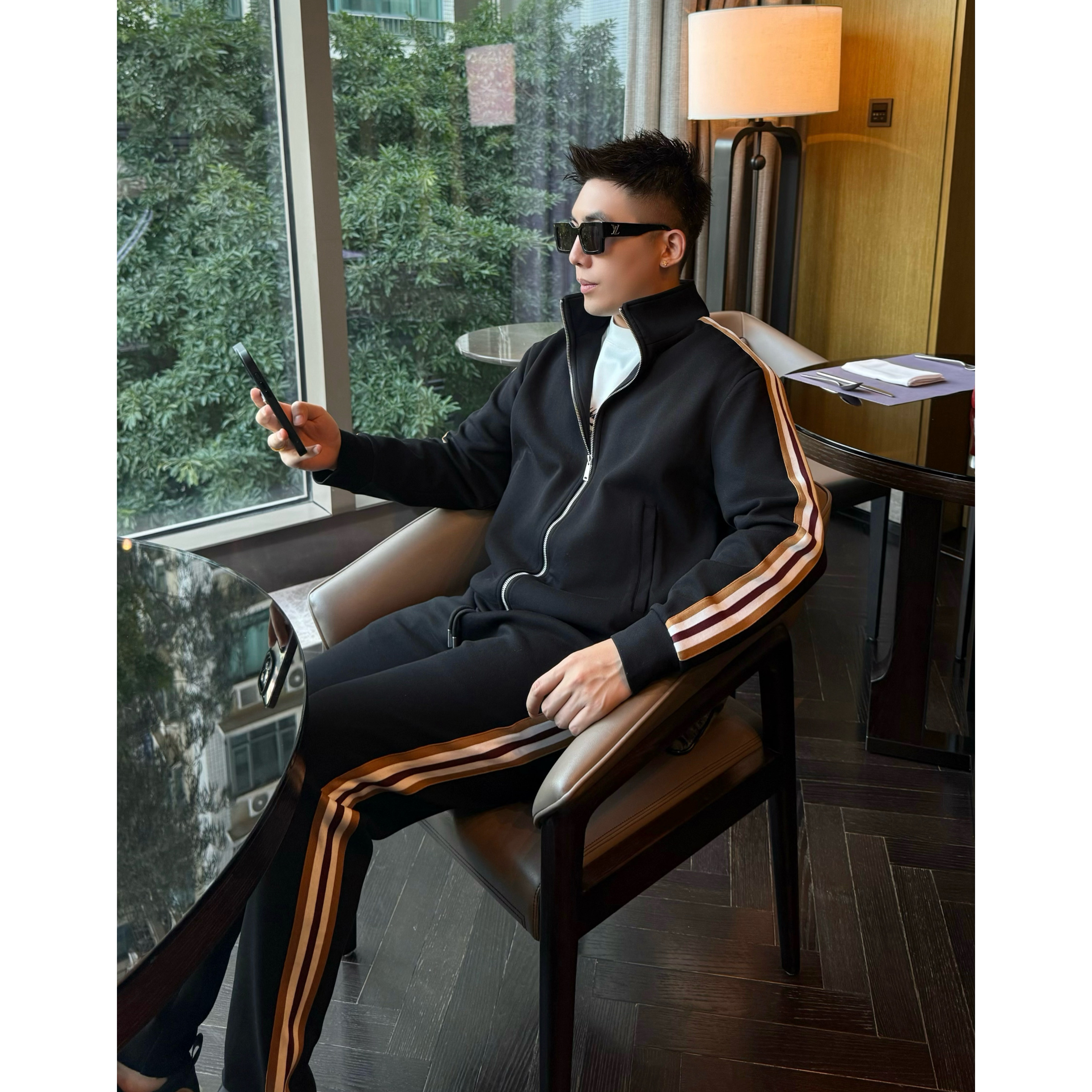 【琥珀套装】秋季奢华LP曲珠弹性面料男士夹克外套休闲裤子