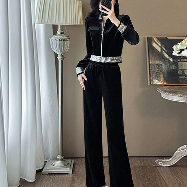 迪卡侬贵宾高端运动休闲套装女秋冬显瘦气质时尚减龄金丝绒阔腿裤