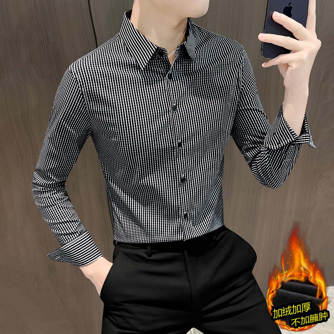 格子衬衫男长袖高级感加绒秋冬修身男士衬衣爆款2025新款商务男装