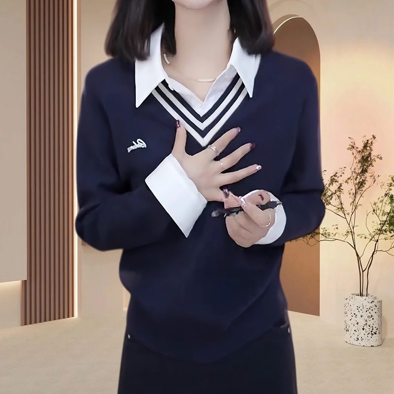 松弛感慵懒风假两件衬衫拼接字母刺绣长袖毛衣女时尚洋气百搭女装