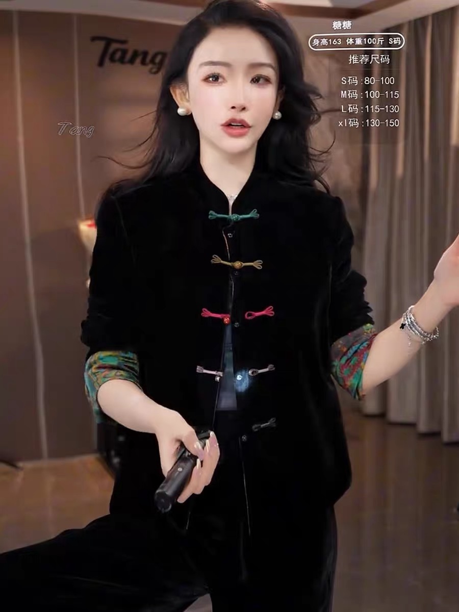 新中式提花盘扣黑色丝绒外套女2025新款国风双面穿气质复古上衣