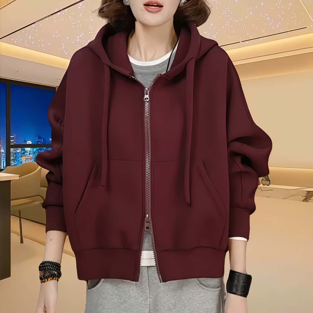 宽松气质双拉链连帽卫衣女士2025秋季新款休闲百搭纯色保暖外套