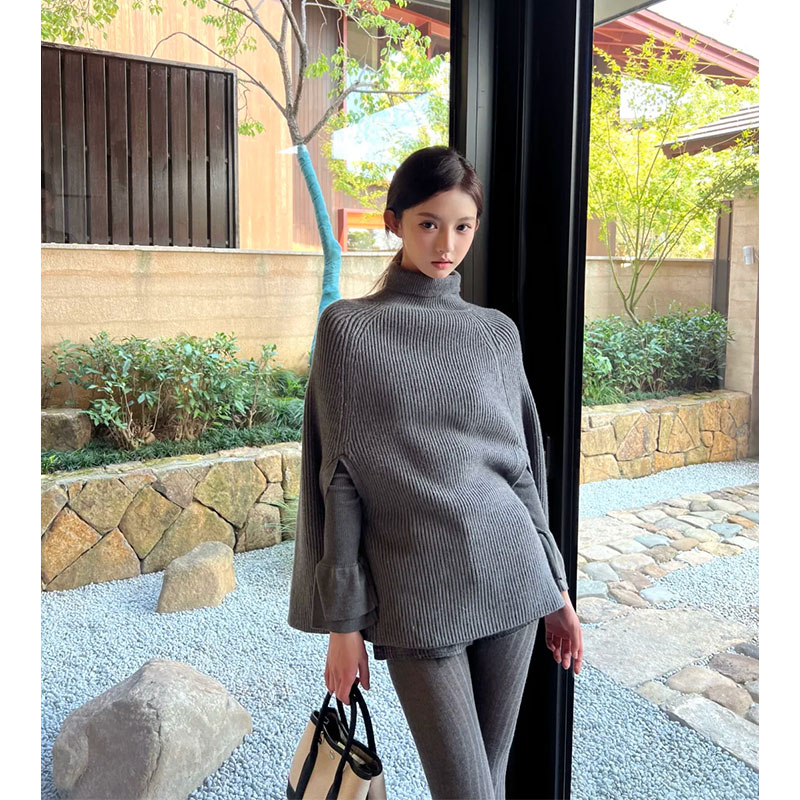 【优雅准则】高领A字针织斗篷式针织上衣外套气质毛衣