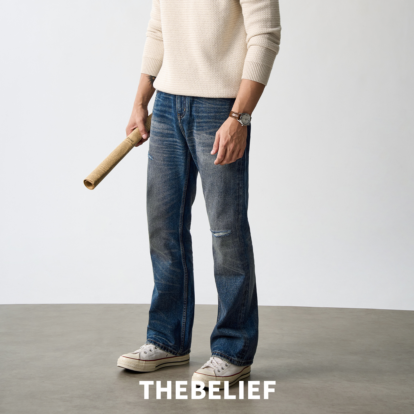 25929#美国CONE DENIM复古破洞补丁做旧水洗517微喇版型牛仔裤男