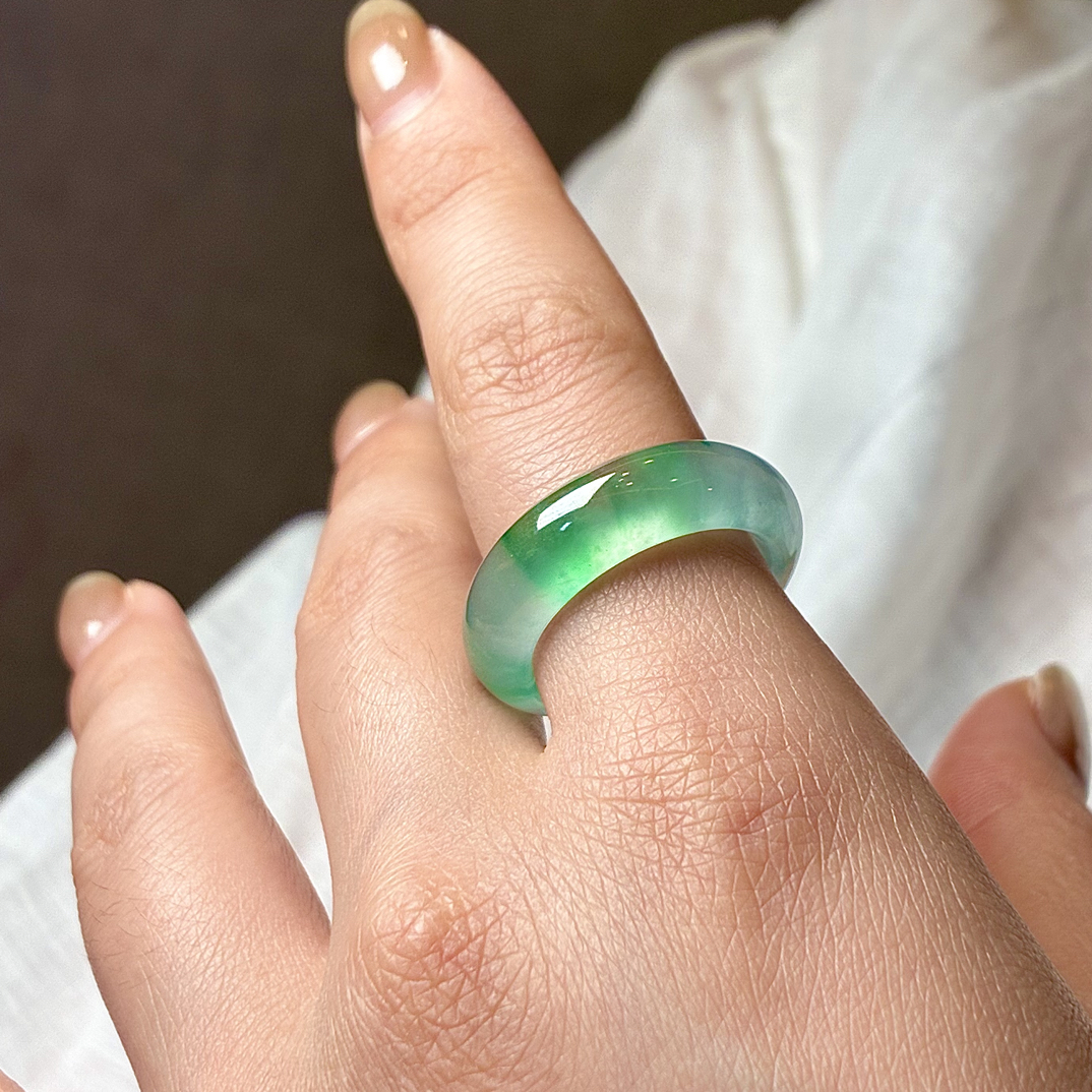 缘见翡翠珠宝 缅甸天然A货翡翠玻璃种飘花圈戒指环17圈口