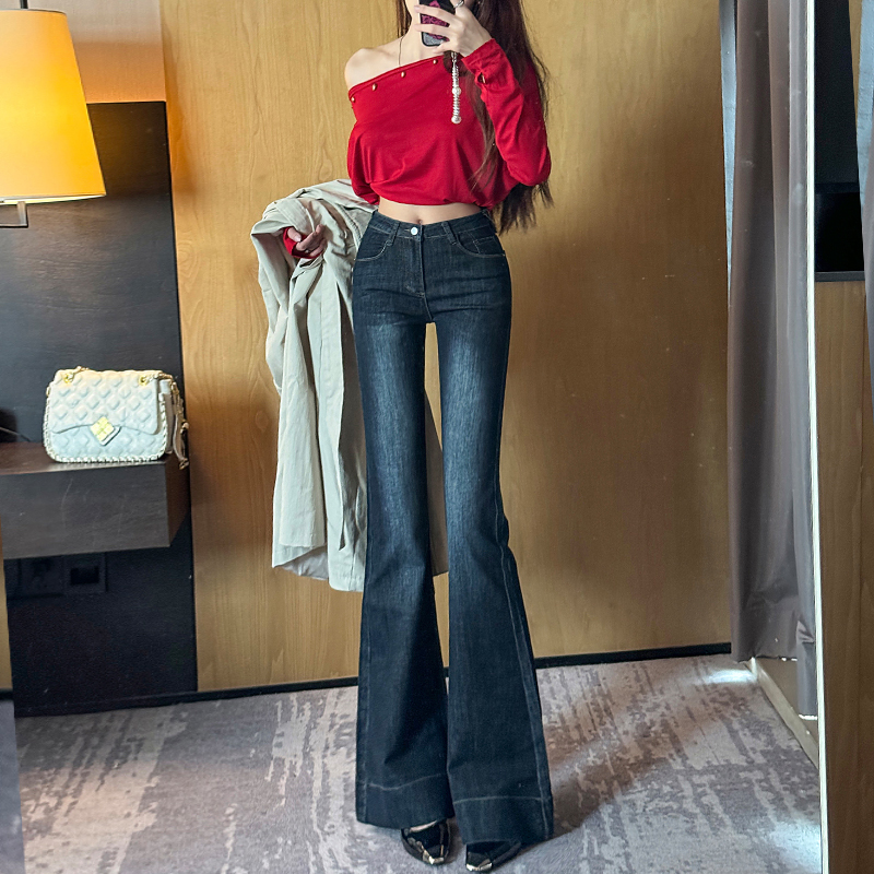 深蓝色高腰微喇加绒牛仔裤女2025年秋季新款辣妹设计感显瘦百搭