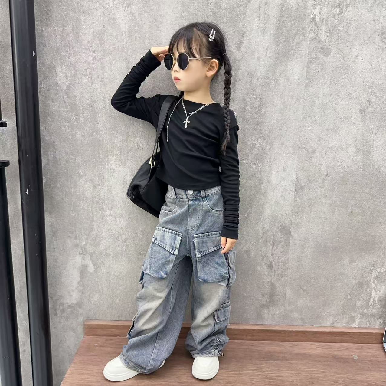 女童春秋款洋气韩版中大童宽松工装裤初中生韩系穿搭打底衫套装潮