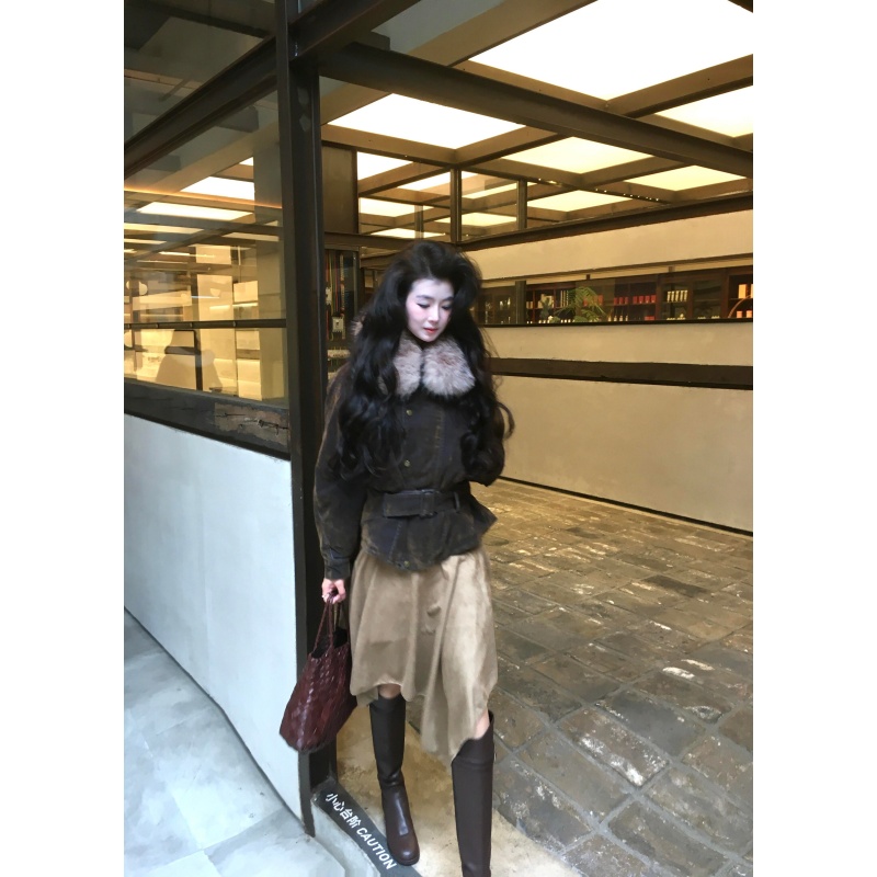 美式复古高级感气质宽松保暖短款外套秋冬高腰时髦显瘦半身裙套装