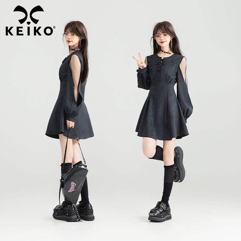 KEIKO 千金辣妹轻纱灯笼袖连衣裙高级感褶皱收腰显瘦短裙