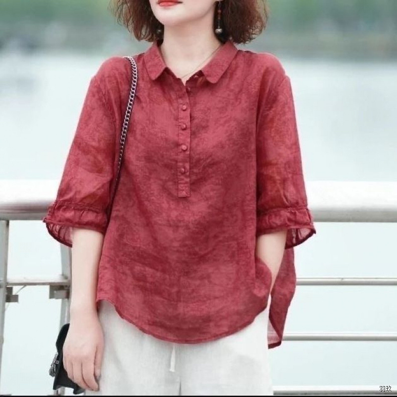 2025衬衫衬衣新款宽松显瘦女士夏季薄款棉麻上衣小衫中年妈妈洋气