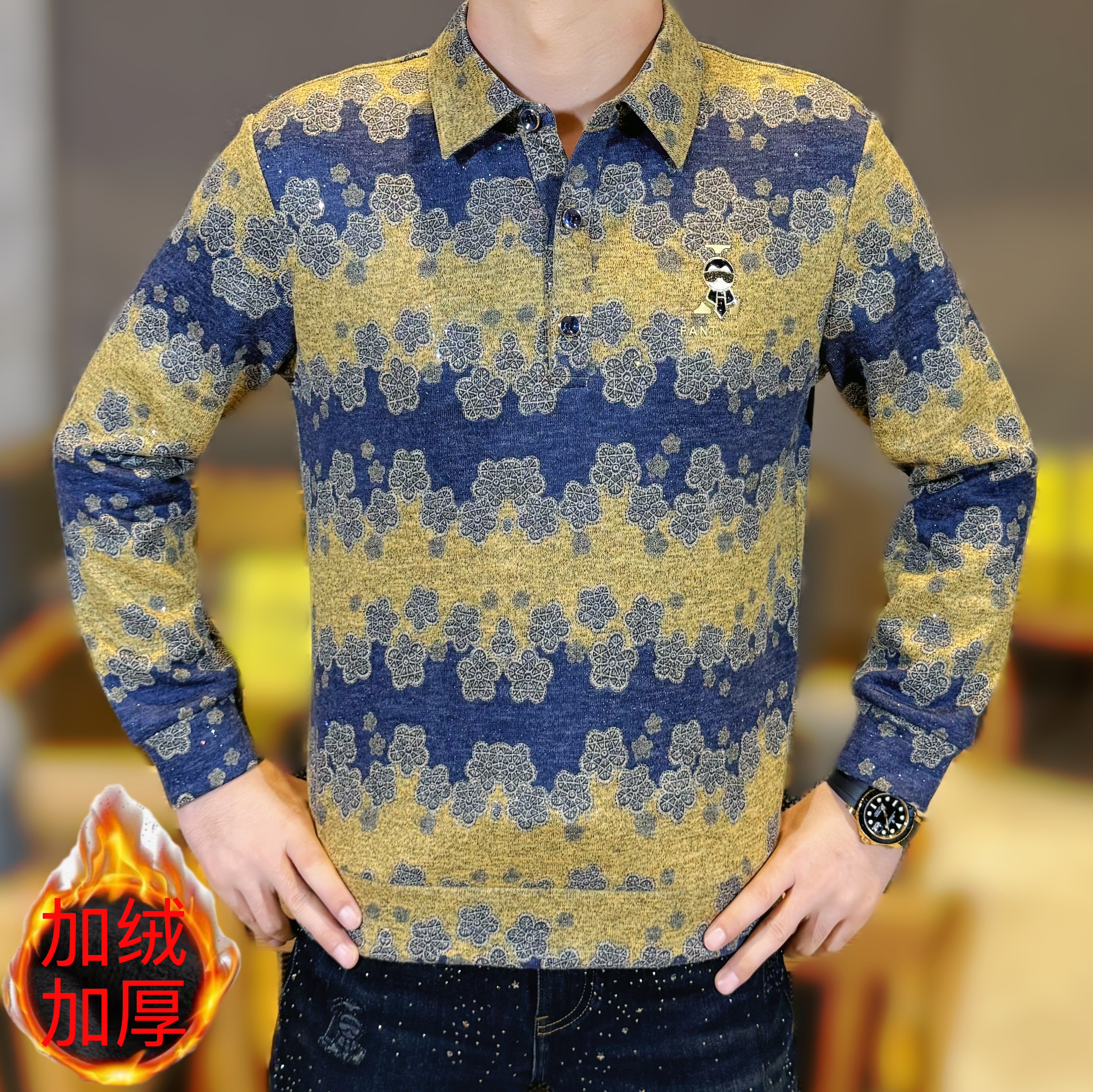 2025秋冬新款男士时尚弹力百搭时尚潮流花朵图案加绒加厚针织衫