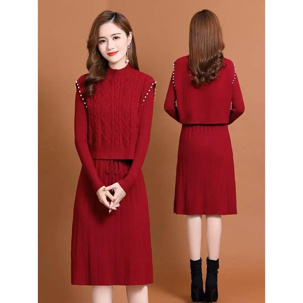 显瘦红色中长款秋冬加厚长袖针织修身洋气时尚礼服气质新娘敬酒服