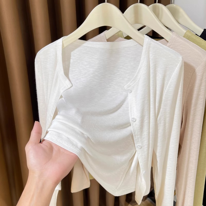 芯娇晴白色针织薄开衫女春秋冰丝防晒罩衫配吊带裙外搭小披肩外套