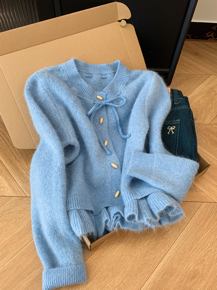 假两件蓝色圆领长袖针织毛衣开衫外套女士2025新款设计感小众上衣