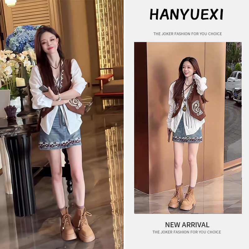 秋季一整套女装2025新款韩版气质马甲背心长袖衬衫牛仔短裙三件套