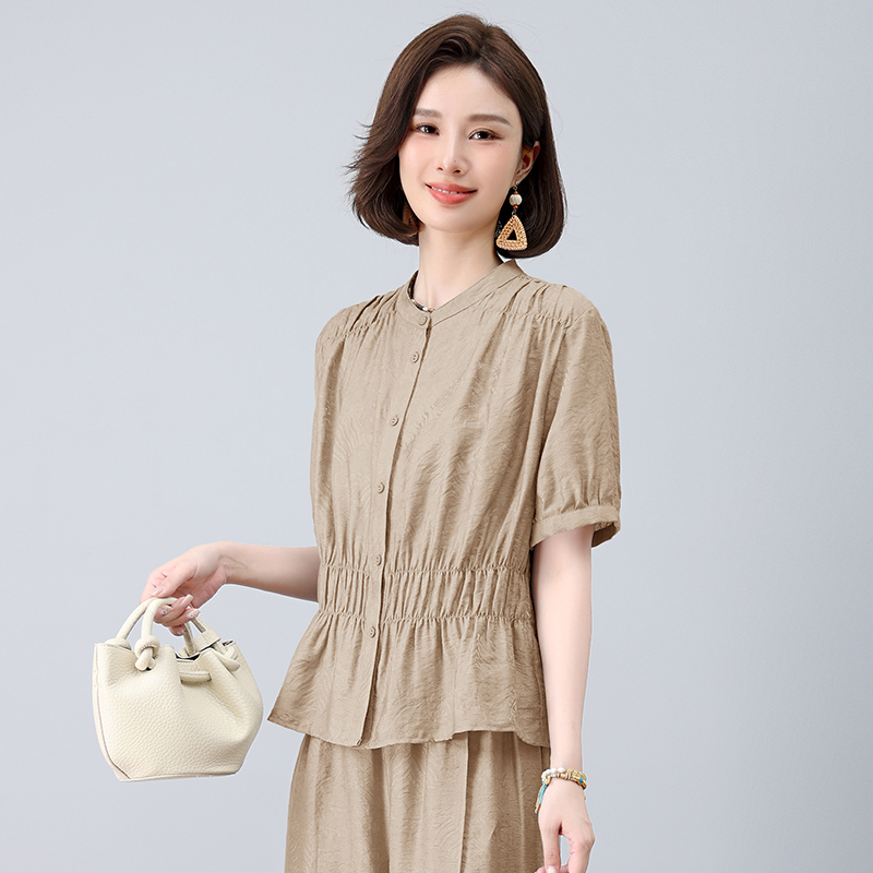 天丝短袖衬衫女夏季2025年新款中年妈妈宽松休闲气质收腰小衫上衣