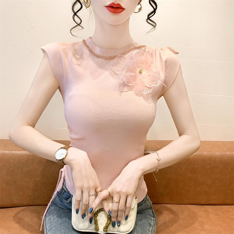 重工烫钻立花朵针织t恤女2025夏季显瘦修身抽绳设计感无袖上衣