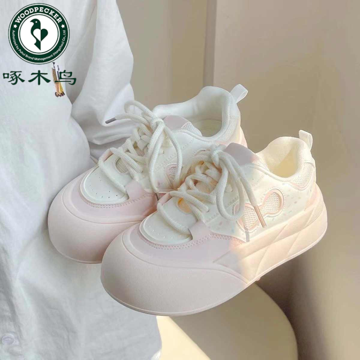 啄木鸟夏季网面透气丑萌大头板鞋女2025新款厚底小白鞋学生面包鞋